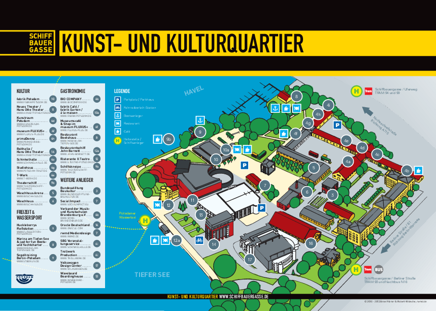 Übersichtsplan des Kunst- und Kulturquartiers an der Schiffbauergasse mit Gebäuden, Wegen, Wasserflächen Havel und Tiefer See, Legende für Kultur, Gastronomie, Parkplätze und Haltestellen